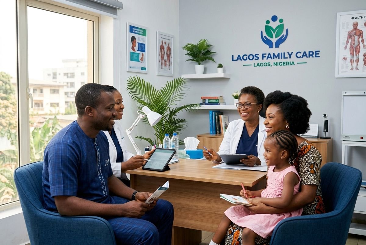 Nigerian family discussing medical insurance options with an insurance consultant in a modern office.