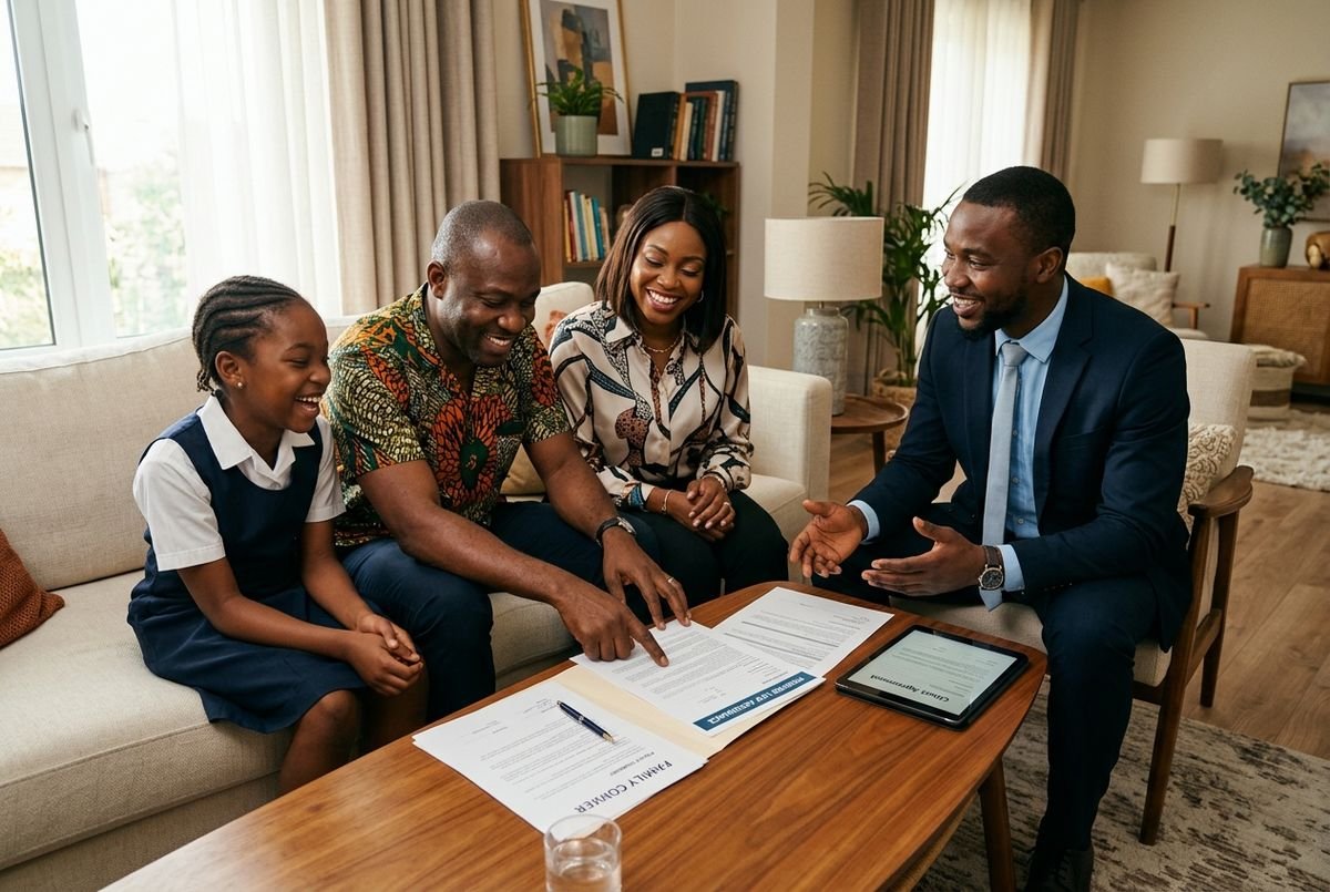 A smiling Nigerian family receiving professional guidance on a Nigerian life policy from a financial expert.