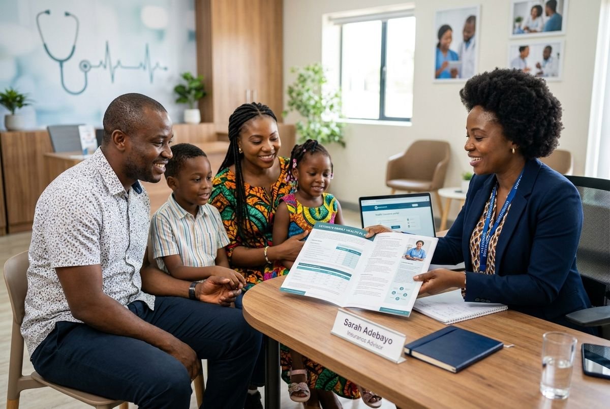 A Nigerian family consulting with a professional insurance advisor about healthcare plans.
