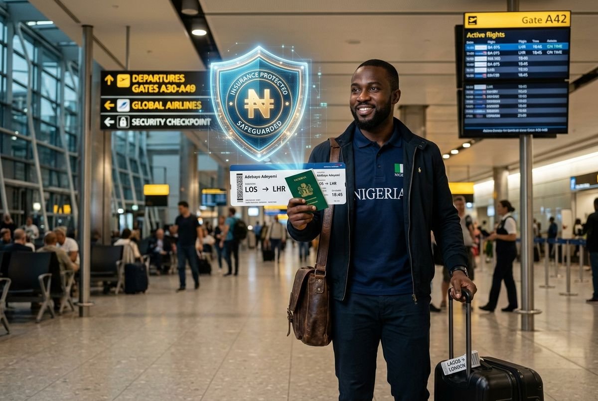 Nigerian travel insurance protection concept for international travelers at an airport terminal